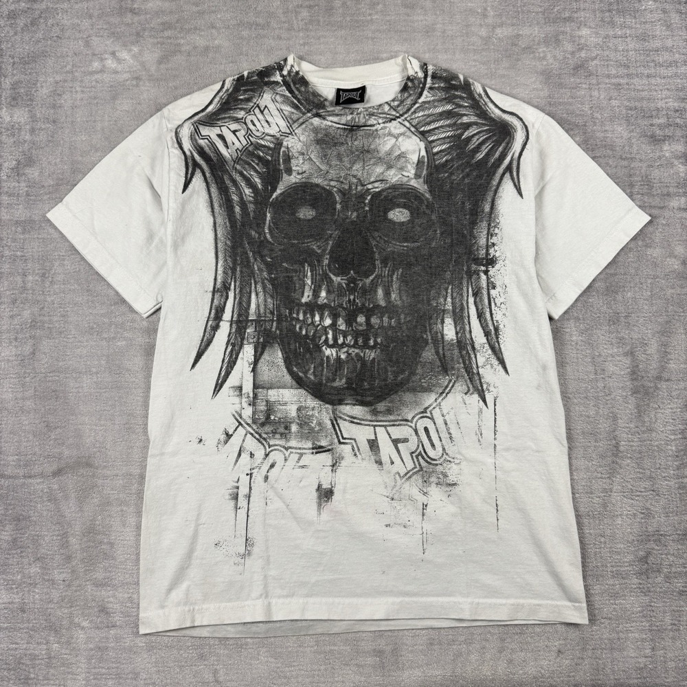 Tapout Shirt Mens Large White Vintage Y2K MMA Skull Wings Graphic Gothic Grunge